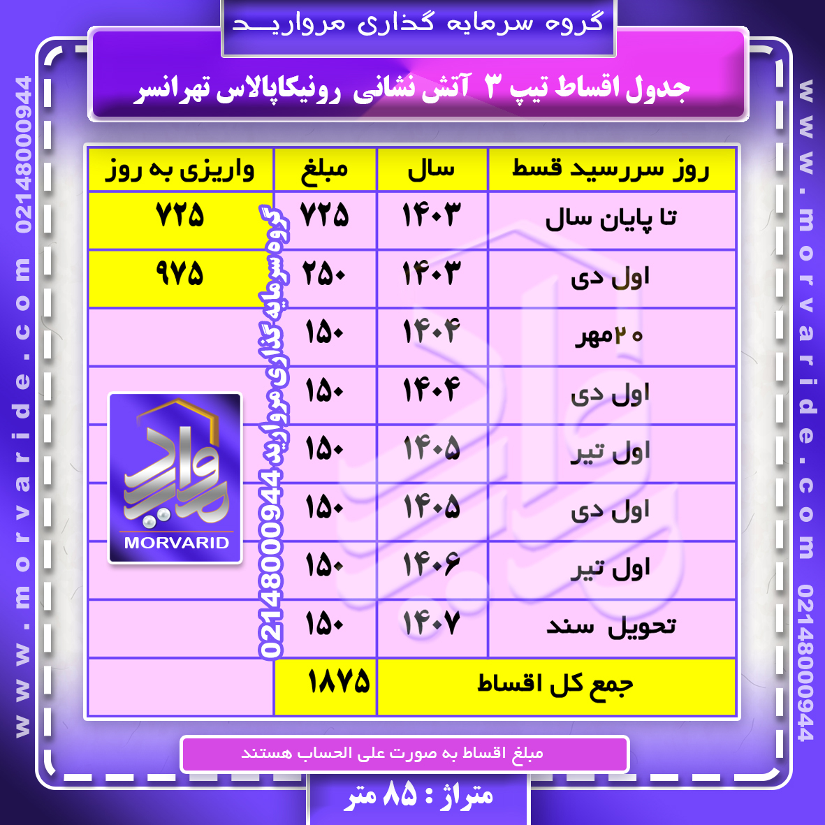 جدول اقساط آتش نشانس تیپ 3   رونیکاپالاس تهرانسر گروه سرمایه گذاری مروارید