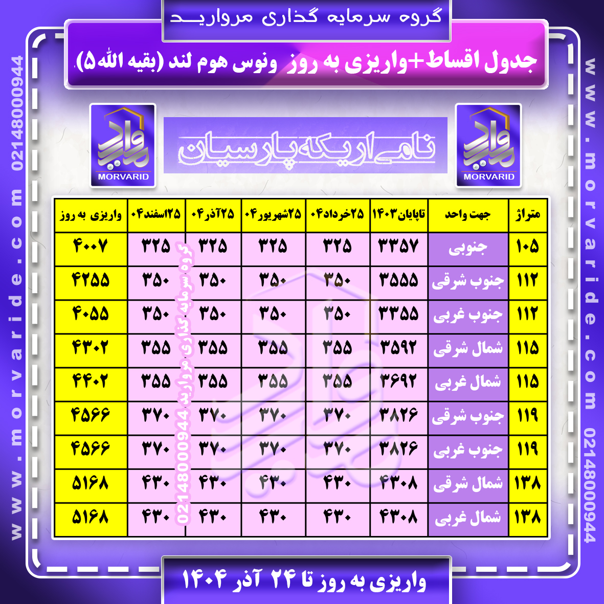 جدول اقساط بقیه الله 5 ونوس هوم لند تا 24  آذر 1404  گروه سرمایه گذاری مروارید